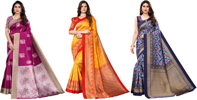 ANIRAV Printed Kalamkari Art Silk Saree(Pack of 3, Purple, Yellow, Blue)