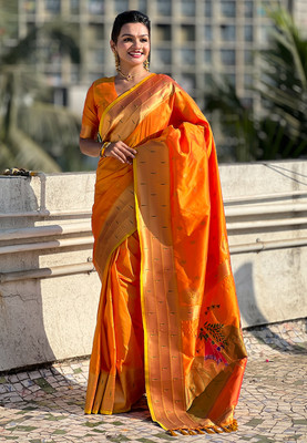 SICHYAH Woven, Self Design Paithani Pure Silk Saree(Orange)