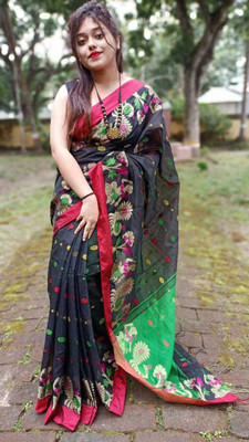 sdn Woven, Solid/Plain Tant Handloom Cotton Silk Saree(Black, Green)