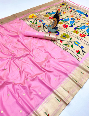 PANZORA Woven Paithani Cotton Silk Saree(Pink)