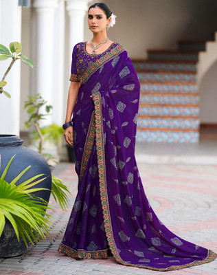 Tasrika Printed, Embroidered, Embellished Bandhani Chiffon, Georgette Saree(Purple)