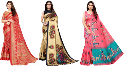 Nirvaan Printed, Woven Mysore Art Silk Saree(Pack of 3, Red, Gold, Pink)