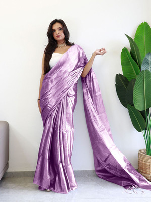 ANOUK Solid/Plain Saree with Attached Blouse Tissue Saree(Purple)