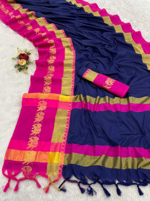 NST5 Solid/Plain, Woven, Animal Print Kanjivaram Cotton Silk Saree(Dark Blue)