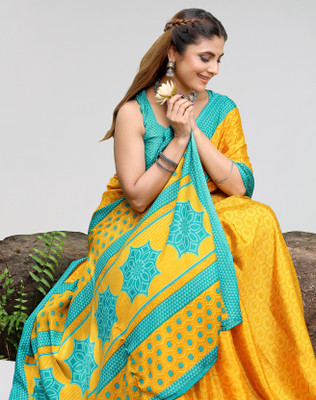 ANIRAV Printed Bollywood Tussar Silk Saree(Yellow, Blue)