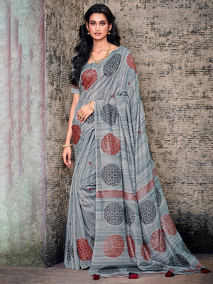Divastri Printed Daily Wear Silk Blend Saree(Grey)