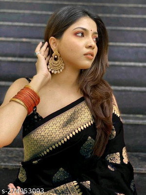 SAAGPAN Self Design Banarasi Cotton Silk Saree(Black)