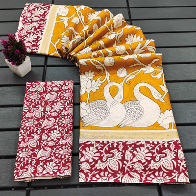 JASU CREATION Floral Print, Printed Kalamkari Pure Cotton Saree(Yellow)