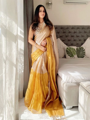 OFLINE SELECTION Solid/Plain Daily Wear Tissue Saree(Yellow)