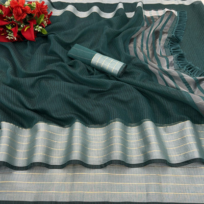 PIYA DESIGNER Woven Kasavu Linen Saree(Light Blue)