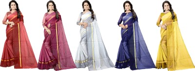 Samai Striped Bollywood Cotton Silk Saree(Pack of 5, Multicolor)