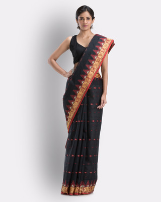 angoshobha Solid/Plain Handloom Pure Cotton Saree(Black)