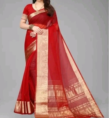 Mohini Creations Solid/Plain Bollywood Organza Saree(Red)