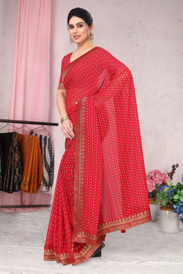 MIRCHI FASHION Printed, Blocked Printed Bandhani Georgette Saree(Red)