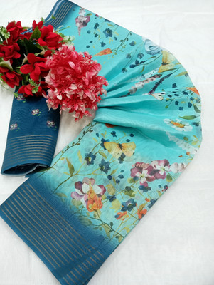 HouseOfCommon Floral Print Kanjivaram Chanderi, Pure Silk Saree(Blue)