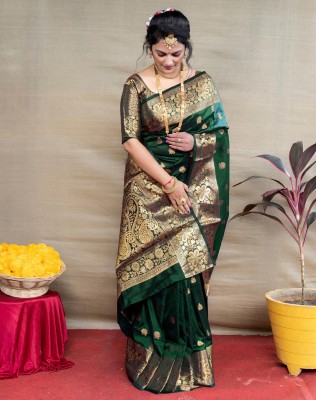 SIRIL Embellished, Self Design, Woven Banarasi Silk Blend, Jacquard Saree(Dark Green, Gold)