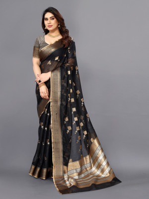 Moda Rapido Printed Kota Doria Cotton Silk, Jacquard Saree(Black)