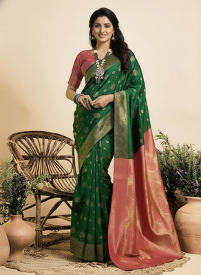 Fabbarries Woven, Self Design, Temple Border Banarasi Pure Silk Saree(Dark Green, Pink, Multicolor)