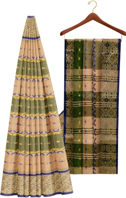 PRANATI ENTERPRISE Checkered, Woven Tant Cotton Blend Saree(Cream, Green)
