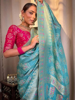 K SALIYA Woven Banarasi Jacquard Saree(Blue, Multicolor)