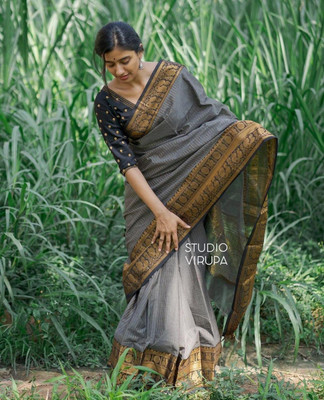 MIRMAN Striped Banarasi Pure Silk Saree(Grey)