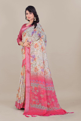 Laxmi Fashion Printed, Floral Print Assam Silk Jacquard, Cotton Silk Saree(Pink, Multicolor)
