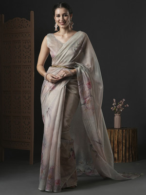 Divastri Printed Bollywood Organza Saree(Beige)