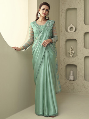 Divastri Embellished Bollywood Linen Saree(Light Green)