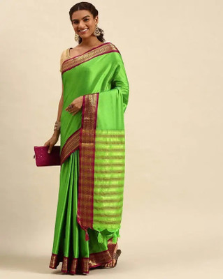 KRESVA Printed Maheshwari Cotton Silk Saree(Light Green, Magenta)