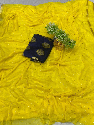 Desi Style Polka Print Daily Wear Net, Chiffon Saree(Yellow)
