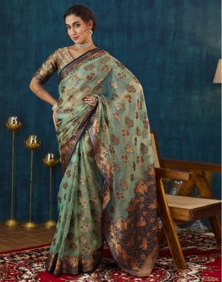 Satrani Woven, Embellished Banarasi Organza Saree(Green, Blue)