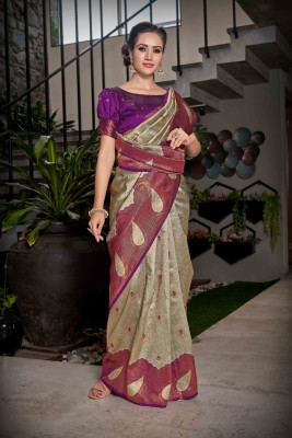 Divastri Embellished, Checkered, Floral Print, Temple Border Kanjivaram Silk Blend Saree(Green)