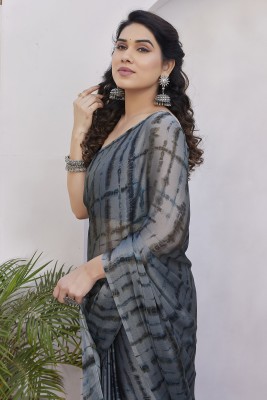 MIRCHI FASHION Printed, Striped Leheria Chiffon, Georgette Saree(Grey, Black)