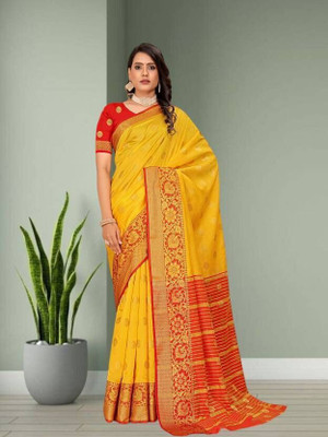 Pari Prints Digital Print Banarasi Cotton Silk Saree(Yellow)