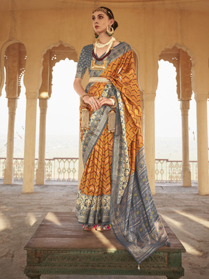 Elora Woven Ikkat Silk Blend Saree(Yellow)