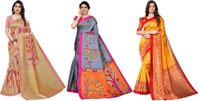 YASHIKA Printed Bhagalpuri Art Silk Saree(Pack of 3, Pink, Grey, Yellow)