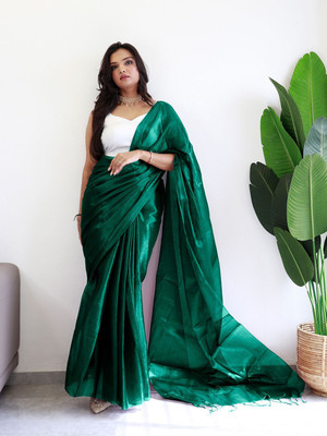 ANOUK Solid/Plain Saree with Attached Blouse Tissue Saree(Green)
