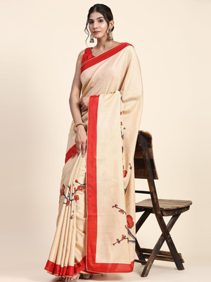 Rachna Floral Print Bollywood Viscose Rayon Saree(Cream)