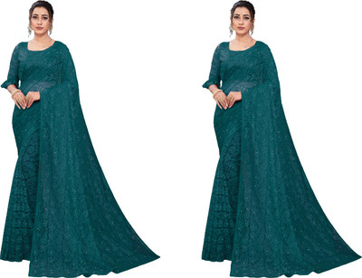 Fashion Field Self Design Bollywood Net Saree(Pack of 2, Blue)