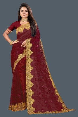 KHRITI FAB Embroidered, Floral Print Bollywood Net Saree(Maroon)