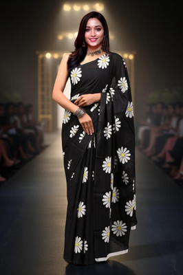Myraani Floral Print Daily Wear Cotton Linen Saree(Black)
