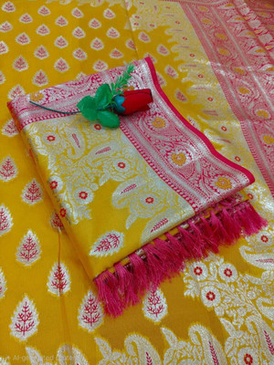 A K Traders Woven, Paisley, Embellished Banarasi Pure Silk Saree(Yellow, Red)
