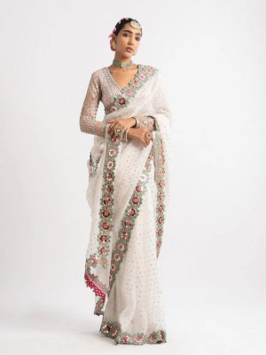 RUPAL CREATION Embellished Bollywood Georgette Saree(White)