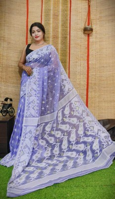 Mandalsaree Printed Jamdani Cotton Silk Saree(Blue)