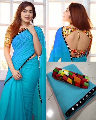 Sareez House Floral Print Bollywood Georgette Saree(Light Blue)