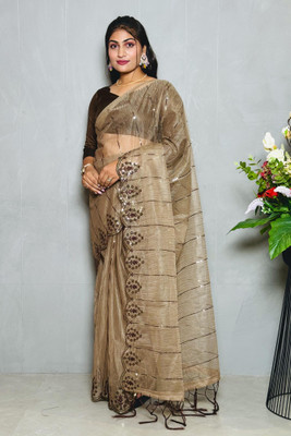 JP STORESS Embroidered Bollywood Net Saree(Brown)