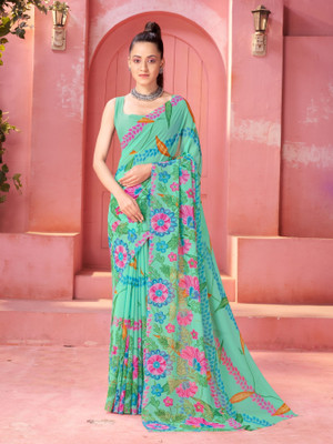 GARDEN VARELI Floral Print Bollywood Georgette Saree(Green)