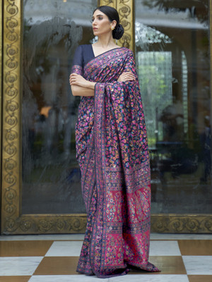 Ratnavati Floral Print Bollywood Silk Blend Saree(Dark Blue)