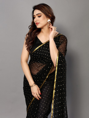 Ladymint Embellished Daily Wear Chiffon Saree(Black, Gold)