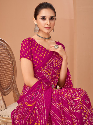 Tasrika Printed Bandhani Chiffon Saree(Pink)
